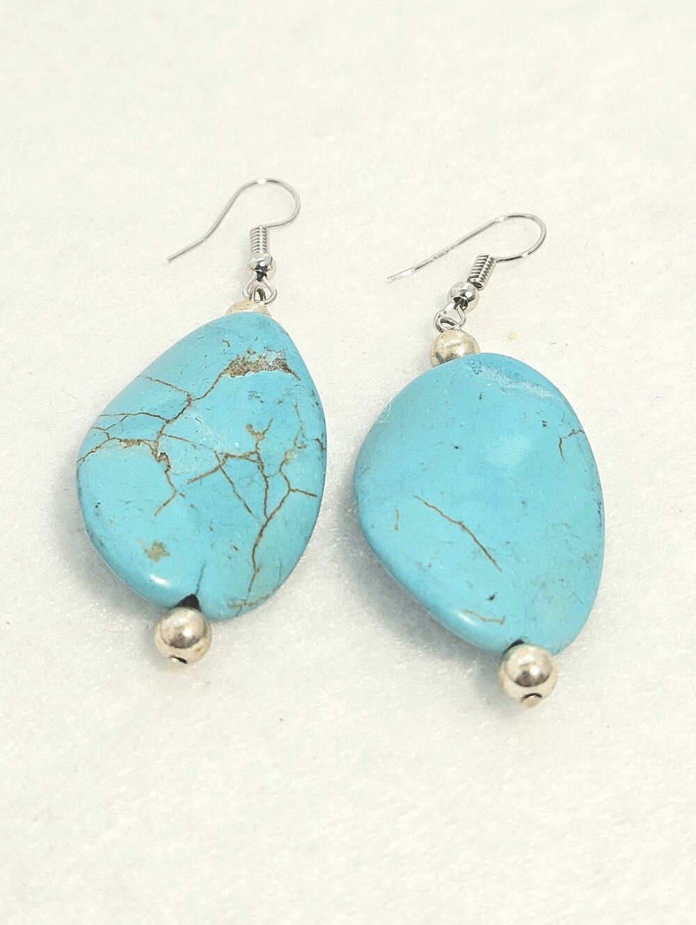 Hand Crafted Turquoise And Silver Tone Hook Dangling Earrings